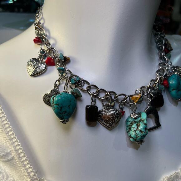 Vintage 90s Y2K Boho Maximalist Heart Charm Necklace with Turquoise - Picture 3 of 4